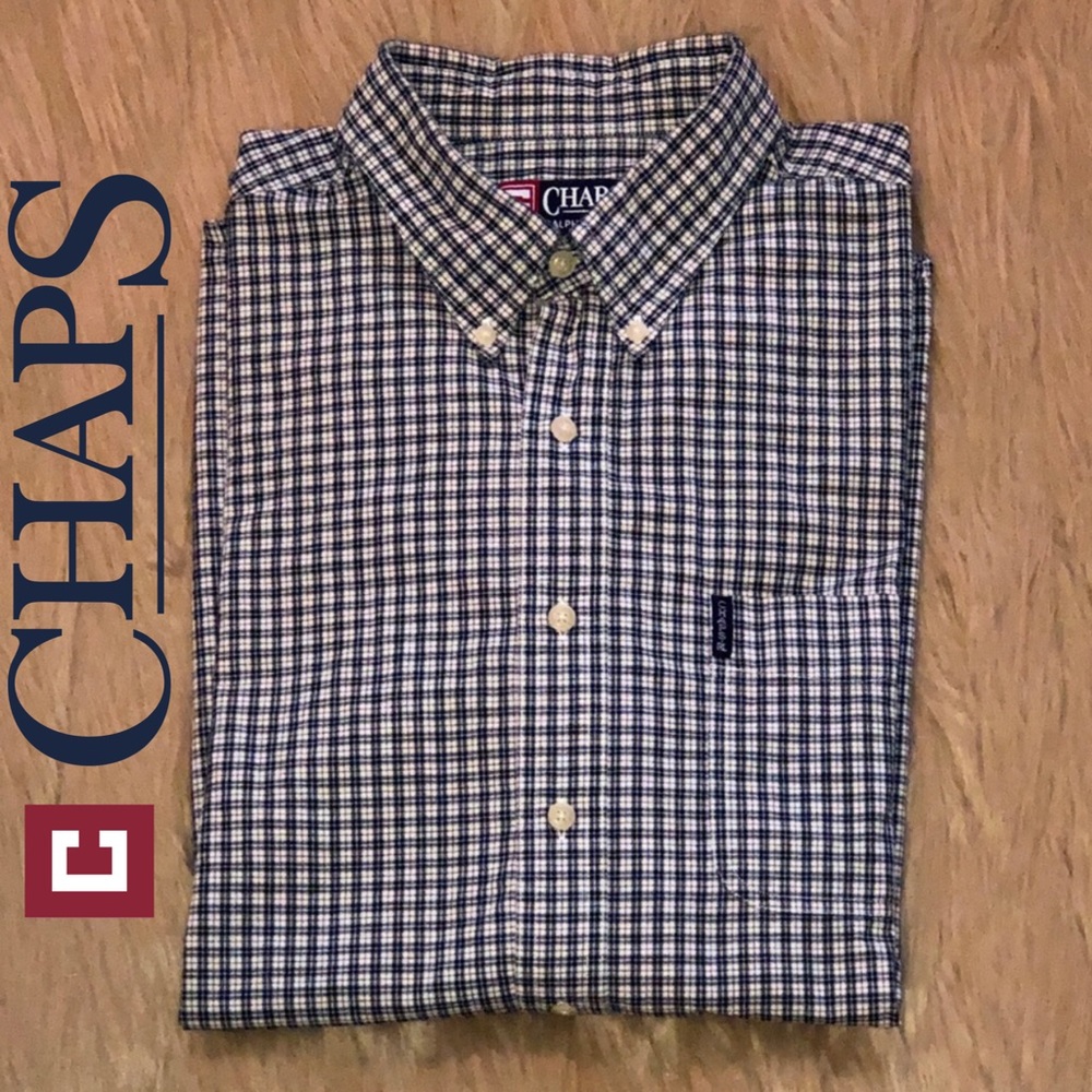 CHAPS–MEN’S BLACK/WHITE/RUST PLAID BUTTON UP!!